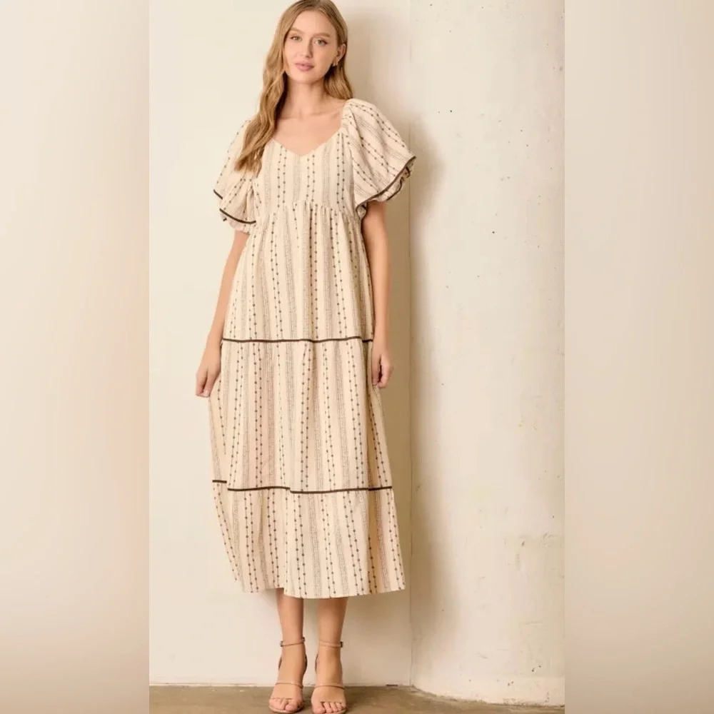 NEW Polagram Brown Lace Floral Tiered Maxi Dress - Picture 3 of 8